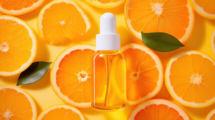 Wall Mural - Natural cosmetics concept, fresh ingredients for skin treatment vitamin C serum, flat lay