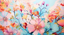  A Painting Of Flowers Painted On A Blue Background With White And Pink Flowers.  Generative Ai