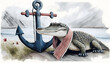 aquarell, krokodil mit schal, anker, meer