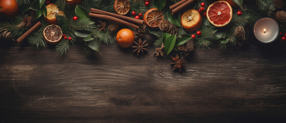 christmas table setting with festive decorations on wooden background with copy space.