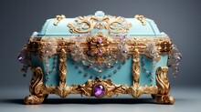  A Blue And Gold Jewelry Box With A Purple Jewel On It.  Generative Ai