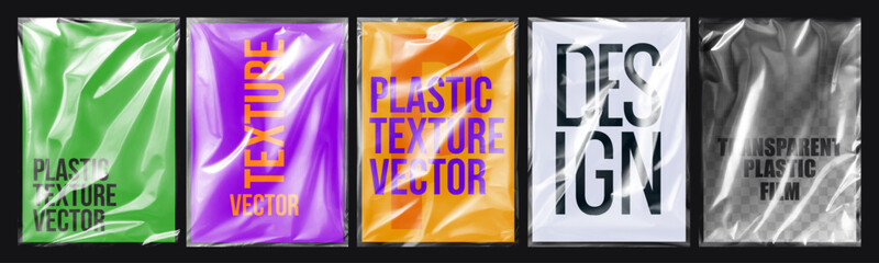 Plastic wrap texture collection, transparent stretched film polyethylene. vector design element graphic rumpled plastic warp. Realistic mockup poster vector set background illustration
