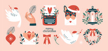 Big Collection Of Christmas Clip Arts. Winter Plants, Holly Berries, Typewriter With Letter, French Bulldog In Santa's Hat, Bird, Wreath, Lantern, New Year Tree Decoration, Pine Branch. For Cards