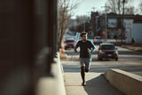 Fototapeta Miasto - Young fit man running across the bridge