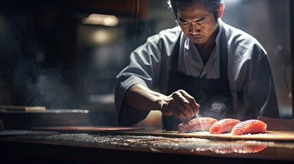 Poster -  a man cooking sushi on a cutting board in a kitchen with steam coming out of the top of the sushi and the sushi on the bottom of the cutting board.  generative ai