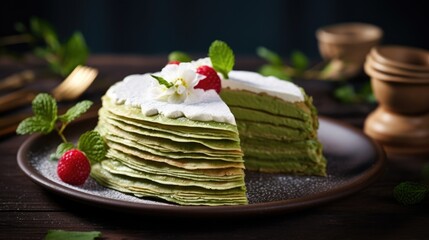 Wall Mural -  a stack of green pancakes topped with whipped cream and raspberries on a plate next to a fork and a knife and a pepper shaker on a wooden table.  generative ai