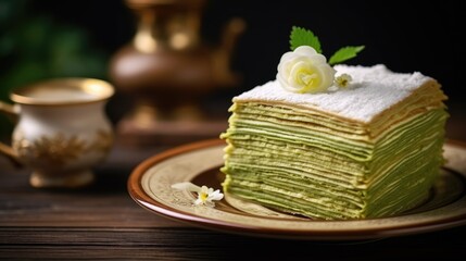 Poster -  a stack of green crepe cake sitting on top of a plate next to a cup of tea and a gold teapot with a flower on top of it.  generative ai