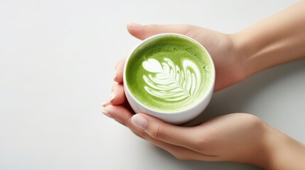 Poster -  a woman's hand holding a cup of matcha latte with a leaf drawn on the foam in the middle of the cup, on a white background.  generative ai