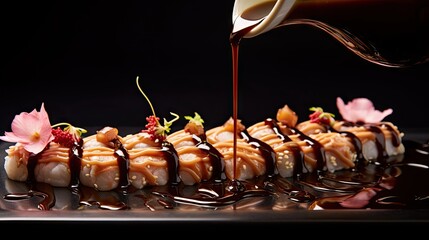 Canvas Print -  a piece of sushi is being drizzled with sauce and garnished with strawberries on a black plate with a drizzled drizzled of syrup.  generative ai