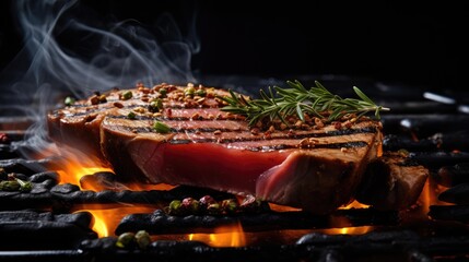 Wall Mural -  a close up of a steak on a grill with a lot of smoke coming out of it and a sprig of rosemary on the top of the steak.  generative ai