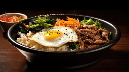 Poster -  a bowl of rice, meat, and vegetables with a fried egg in the middle of the bowl and a side dish of carrots and broccoli on the side.  generative ai