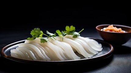 Poster -  a close up of a plate of food with onions and garnishes on a plate next to a bowl of sauce and a bowl of garnish.  generative ai