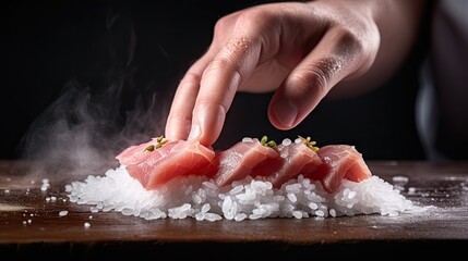 Wall Mural -  a person is sprinkling salt on a piece of sushi on a wooden table with a knife and chopping board in front of rice and a black background.  generative ai