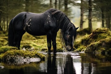 Wall Mural -  a black horse drinking water from a stream in the middle of a forest with moss growing on the ground and in the foreground, there is a black horse standing in the middle of the water.  generative ai