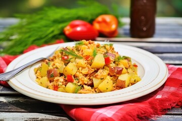 barbecue potato salad served on a white plate with silverware beside