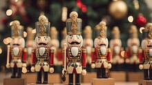  A Group Of Wooden Nutcrackers Sitting On Top Of A Wooden Table Next To A Christmas Tree In A Room With A Christmas Tree In The Back Ground.  Generative Ai