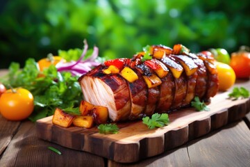 Sticker - barbecued pork belly on rustic wooden table