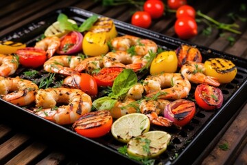 Wall Mural - grilled shrimp with seasoning on a griddle pan