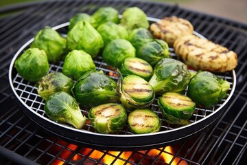 Sticker - grill basket filled with brussels sprouts over charcoal