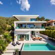 modern villa with open plan living and private bedroom wing with small terrace for relaxation - Generative AI