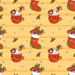 Wall Mural - Groovy Retro Christmas seamless pattern with cartoon characters red cup and Christmas stocking with gifts on yellow background. Happy New year vector background.