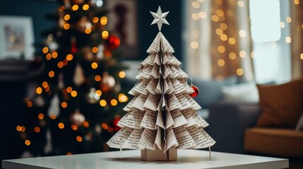diy paper christmas tree: a living room interier decoration made from newspaper or magazine