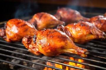 Sticker - bbq chicken drumsticks sizzling on the grill under natural light