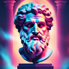 Handsome marble statue of powerful greek god Zeus over dark background, The powerful king of the gods in ancient Greek religion looking to the right.