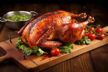 Wall Mural - bbq smoked whole chicken resting on a wooden board