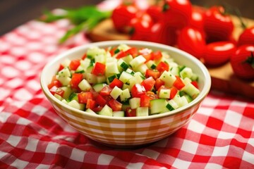 Wall Mural - a bowl of cucumber and tomato salad on a checkered cloth