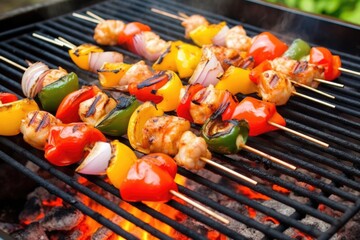 Canvas Print - shrimps on skewers over hot bbq grill