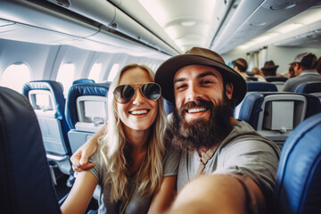 Happy scandinavian tourist couple taking a selfie inside an airplane. Positive young couple on a vacation taking a selfie in a plane before takeoff.