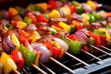 Sticker - close-up of meat and vegetables on beef skewers