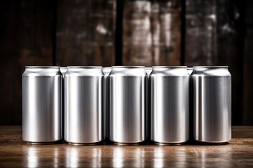 Canvas Print - blank silver beer cans lined up on a stainless steel surface