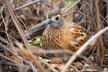 Poster - a quail camouflaged in brush