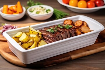 Sticker - rectangular porcelain dish with bbq brisket slices and vegetable garnishes