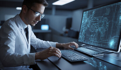 An IT specialist works in an authentic modern office against the backdrop of many monitors with program writing code. Male company employee in glasses works on writing code for artificial intelligence