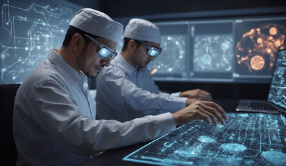 Among many monitors with program code, in an authentic modern office, a man is working, an IT specialist engaged in the development of artificial intelligence, working for the progress of the world.