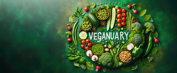 Wall Mural - Vegetarian concept from vegetables, fruits and plant based protein food top view. Veganuary month long vegan commitment in January.