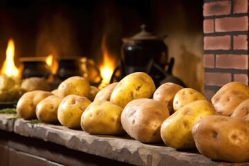 Poster - row of juicy, ready-to-eat potatoes against fireplace backdrop