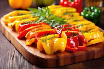Wall Mural - grilled bell peppers on a rustic wooden board