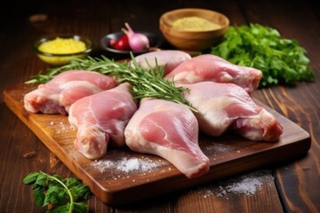 Wall Mural - raw chicken legs with herbs and garlic butter on a rustic wooden chopping board