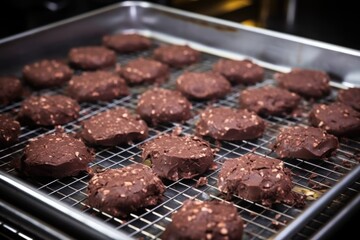 Sticker - baking tray full of raw chocolate biscuits going into an oven