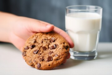 Sticker - hand holding a chocolate chip cookie over a glass of milk