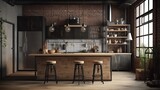 Fototapeta  - Kitchen in loft style. Wall mockup in loft, kitchen in industrial style ,3d render. Real estate concept.