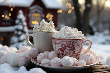 Sticker - Hot chocolate with marshmallows, knitted scarf and Christmas decorations. Generative Ai.