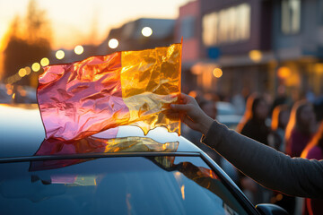 Sticker - Hand of unrecognizable person waving a rainbow flag out of a car window. LGTBIQ+ Concept. Generative Ai.