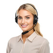 Blonde call center and customer service representative wearing headset and smiling isolated on transparent background, Telemarketing, customer support, helpdesk, customer service