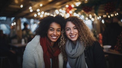 Multiracial young businesswoman couple in beautiful dresses smile as they celebrate their triumph at party