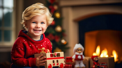 Wall Mural - Child's joyful expression as he receives a surprise gift at christmas.